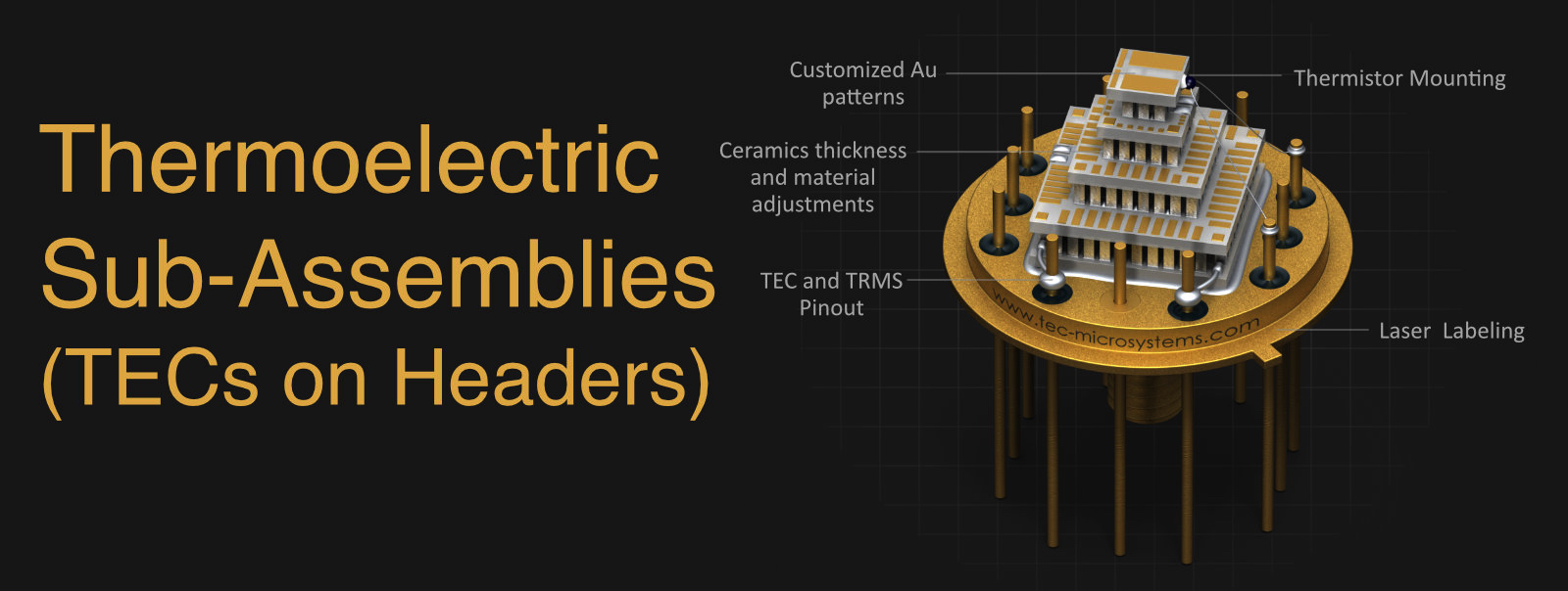 Thermoelectric assemblies - TE coolers mounted on standard headers with thermistors and additional application-specific modifications.